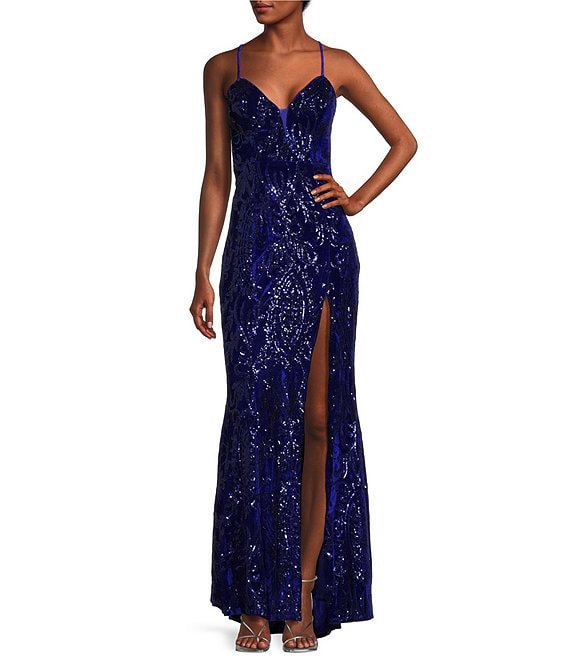 Midnight Doll Sequin Lace-Up Back Front Slit Long Dress | Dillard's