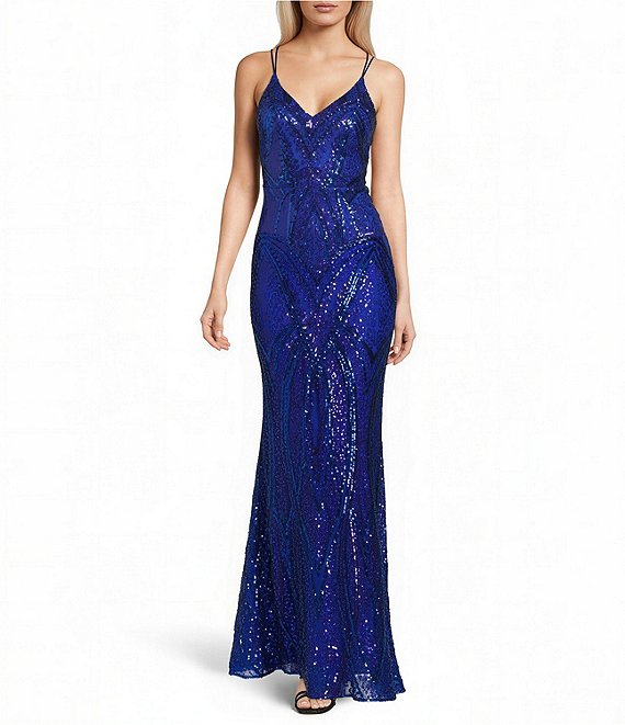 Midnight Doll Patterned Sequin Mesh Long Dress