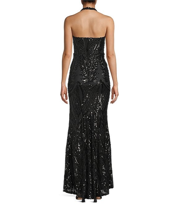 Midnight Doll Sequin Patterned Mesh Halter Neck Side Slit Long