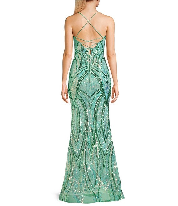 Midnight Doll Sequin Patterned V-Neck Pinch Front Lace Up Tie Back Long Dress | Dillard's Midnight Doll Sequin Patterned V-Neck Pinch Front Lace Up Tie Back Long Dress | Dillard's