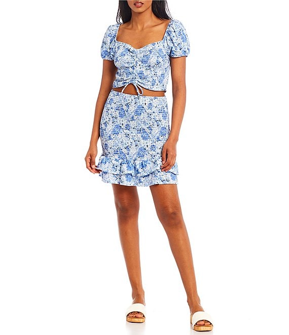 Color:Ivory/Blue - Image 1 - Short Puff Sleeve Smocked Floral Top and Skirt 2-Piece Set