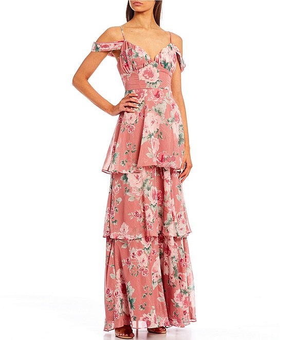 Color:Mauve/Multi - Image 1 - Spaghetti Strap Cold-Shoulder Tiered Floral Long Dress