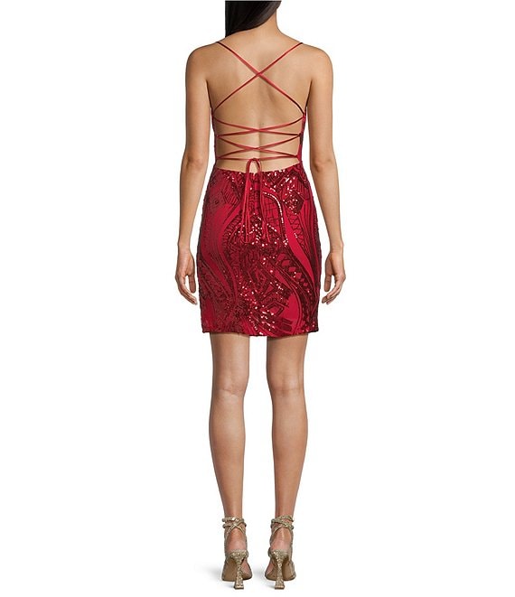 Midnight Doll Spaghetti Strap Placement Sequin Strappy Back Bodycon Mini Dress | Dillard's Midnight Doll Spaghetti Strap Placement Sequin Strappy Back Bodycon Mini Dress | Dillard's