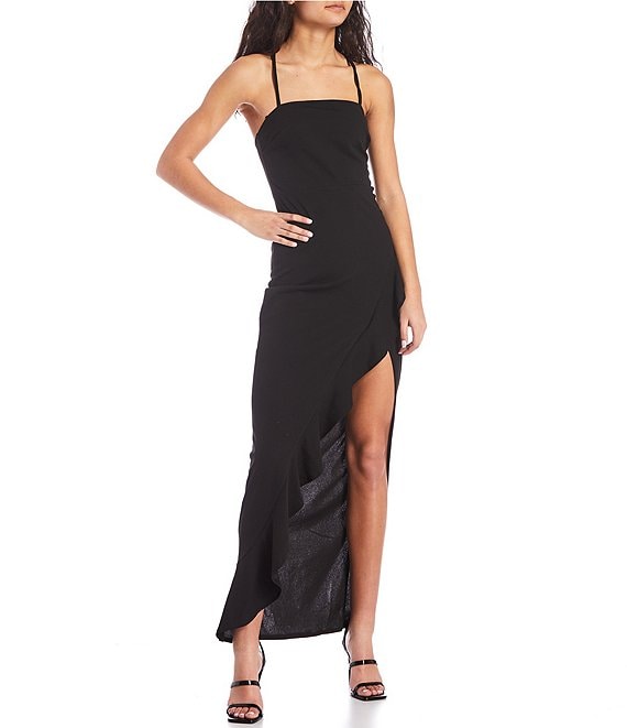 Color:Black - Image 1 - Spaghetti Strap Square Neck Ruffle Side Slit Long Dress