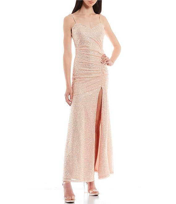 Color:Blush/Multi - Image 1 - Spaghetti Strap Sweetheart Neck Lace-Up Back Sequin Side Ruched Slit Hem Long Dress
