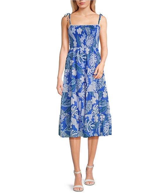 Midnight Doll Spaghetti Strap Tie Printed Lawn Smocked Bodice Tiered ...