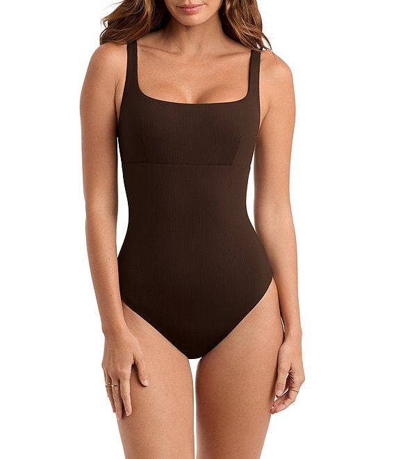Mimi Flamingo Lido Rib Knit Harper Solid Square Neck Open Back Tank One Piece Swimsuit