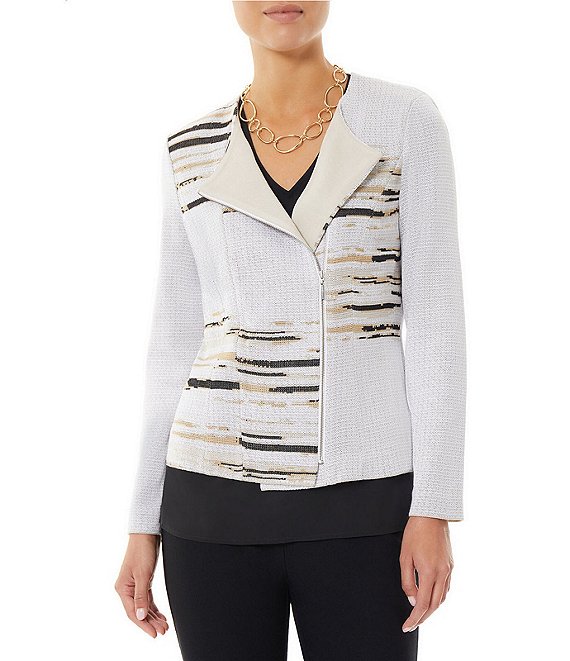 Ming Wang Classic Knit Landscape Print Winged Collar Long Sleeve Statement Jacket