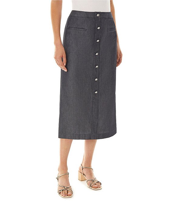Ming Wang Cotton Poplin Faux Button Front Midi Skirt | Dillard's