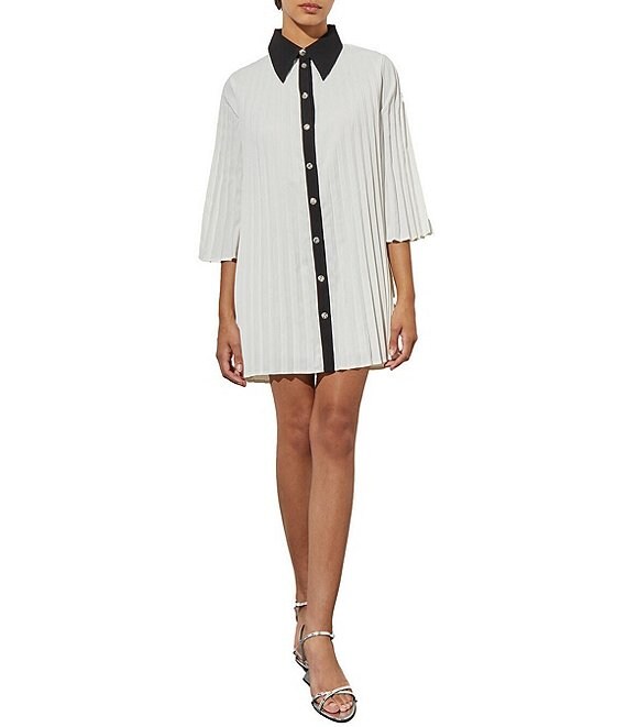 Ming Wang Crepe de Chine Pleated Contrast Trim Point Collar 3/4 Bell Sleeve  Button-Front Shirt Dress