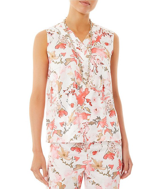Color:Sun Coral/Multi - Image 1 - Crepe De Chine Woven Floral Print V-Neck Sleeveless Coordinating Shell Tank