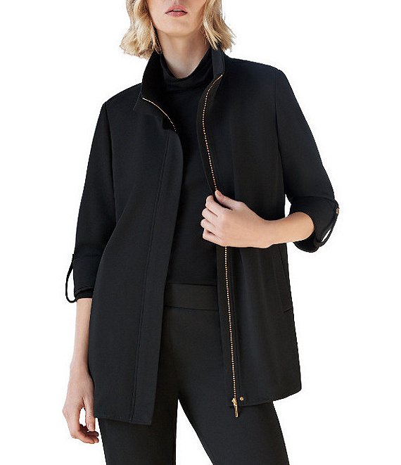 Ming Wang Deco Crepe 3/4 Sleeve Zip Front Jacket, Black - Image 1