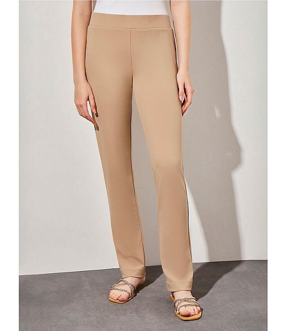 Ming Wang Deco Woven Stretch Crepe Back Slit Hem Pull-On Pants