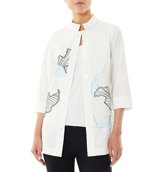 Color:White/Serene/Limestone/Black - Image 1 - Embroidered Cotton Poplin Stand Collar 3/4 Sleeve Jacket
