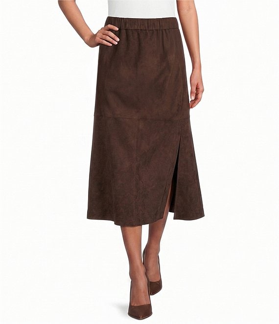 Ming Wang Faux Suede No-Roll Waistband Flared Pull-On Maxi Skirt