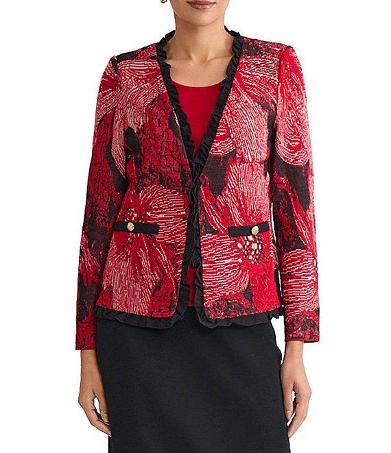 Ming Wang Floral Jacquard Knit Ruffle V-Neck Long Sleeve Jacket, Holiday/Twig/Black - Image 1