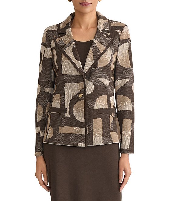 Ming Wang Geometric Jacquard Knit Notch Lapel Long Sleeve Jacket