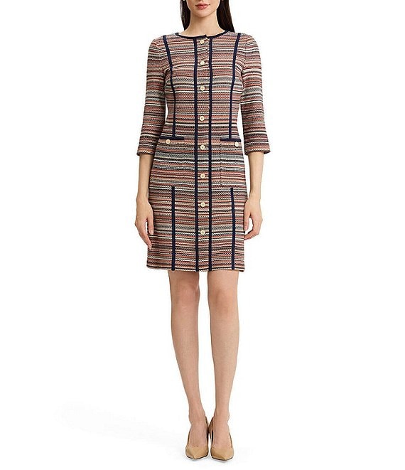 Ming Wang Horizontal Multi-Stitch Knit Round Neck 3/4 Sleeve Button-Front Sheath Dress