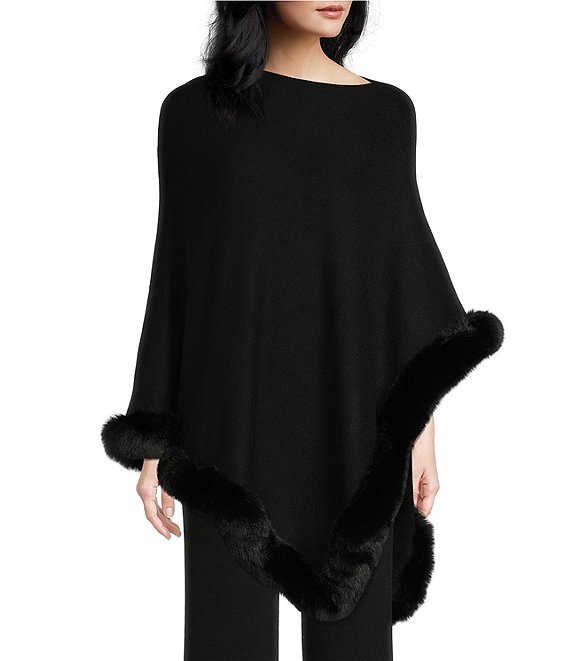 Color:Black - Image 1 - Knit Asymmetrical Neck 3/4 Sleeve Faux Fur Trim Poncho