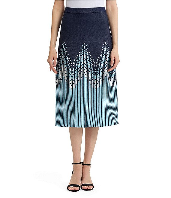 Ming Wang Linear Ombre Soft Knit Pull-On A-Line Skirt