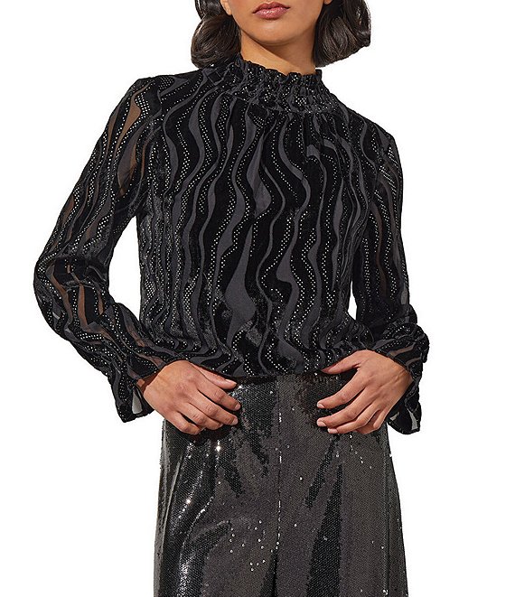 Ming Wang Metallic Accent Burnout Velvet Wave Stripe Mock Neck Long Sleeve  Blouse