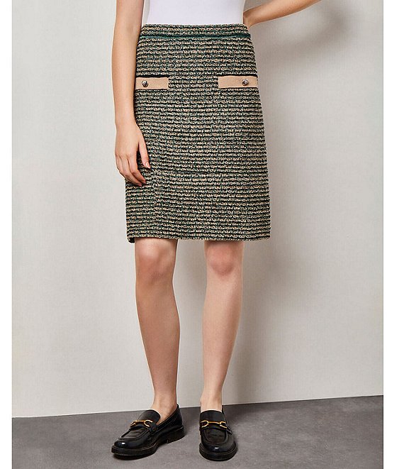 Ming Wang Metallic Textured Tweed Knit Striped No Roll-Waist Coordinating  Pull-On Pencil Skirt