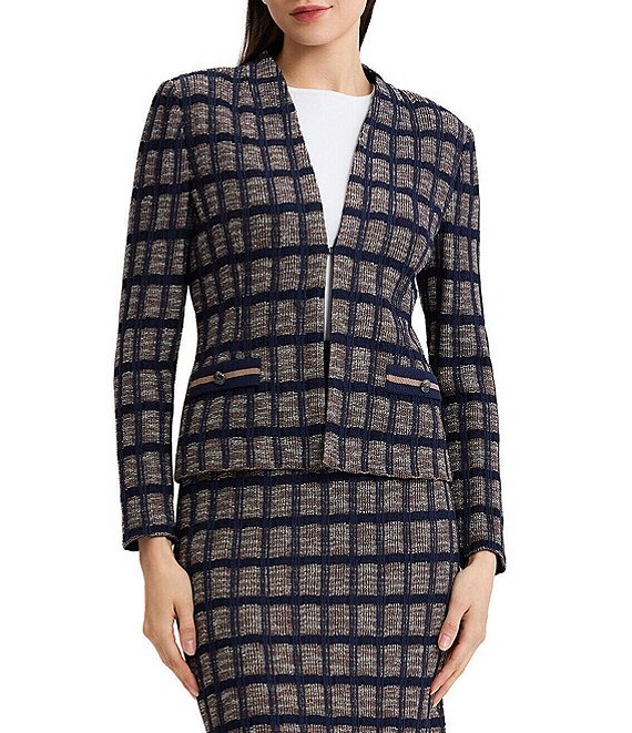 Ming Wang Petite Size Checkered Print Knit Modified Mandarin Collar Long Sleeve Coordinating Jacket