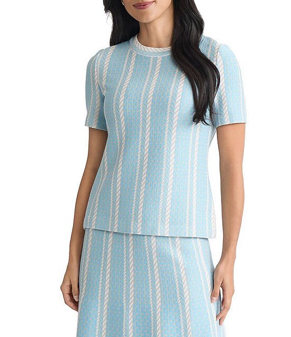 Ming Wang Petite Size Coordinating Multi-Pattern Soft Knit Crew Neck Short Sleeve Top