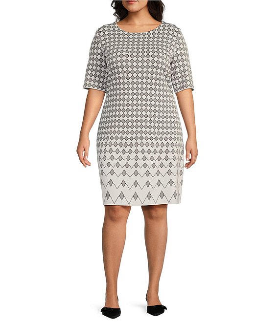 Ming Wang Plus Knit Jacquard Geo Print Round Neck Elbow Ming Wang Plus Knit Jacquard Geo Print Round Neck Elbow