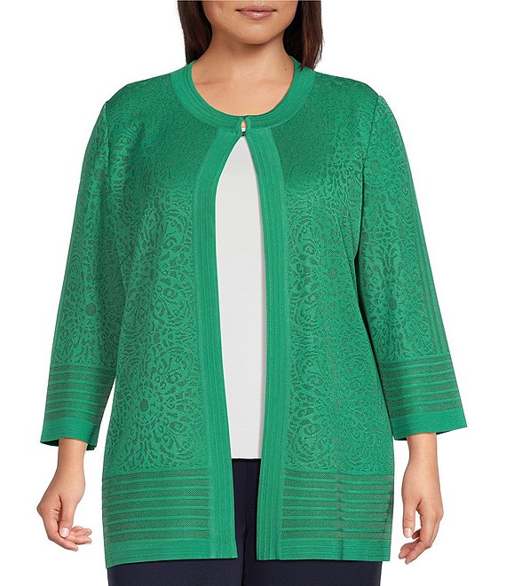 Ming Wang Plus Size Burnout Medallion Knit Round Neck Bracelet Sleeve Jacket
