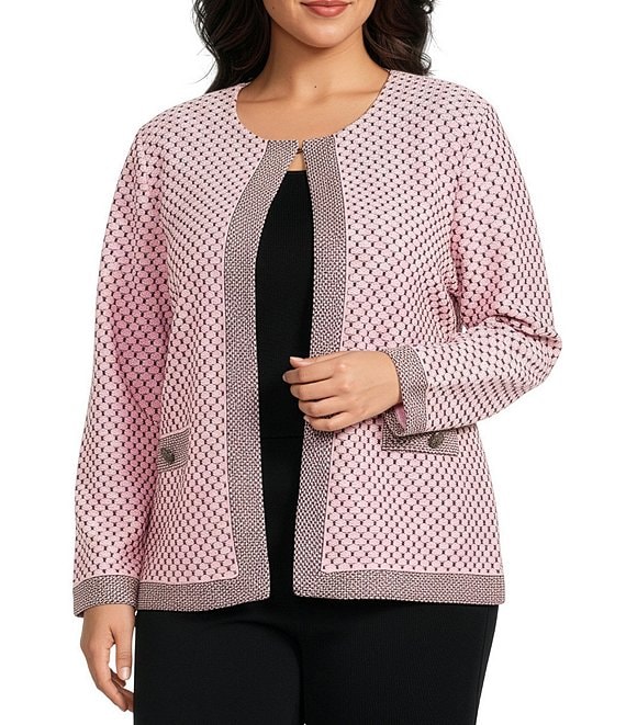 Ming Wang Plus Size Coordinating Shell Stitch Crew Neck Long Sleeve Jacket