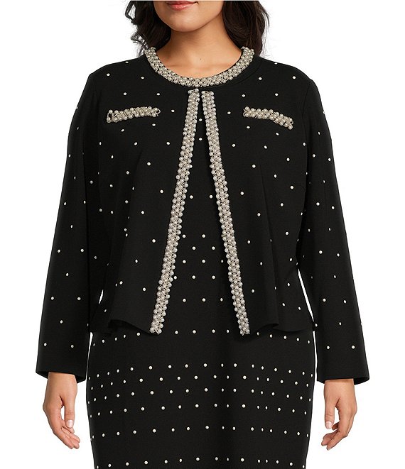 Ming Wang Plus Size Deco Crepe Embellished Round Neck Long