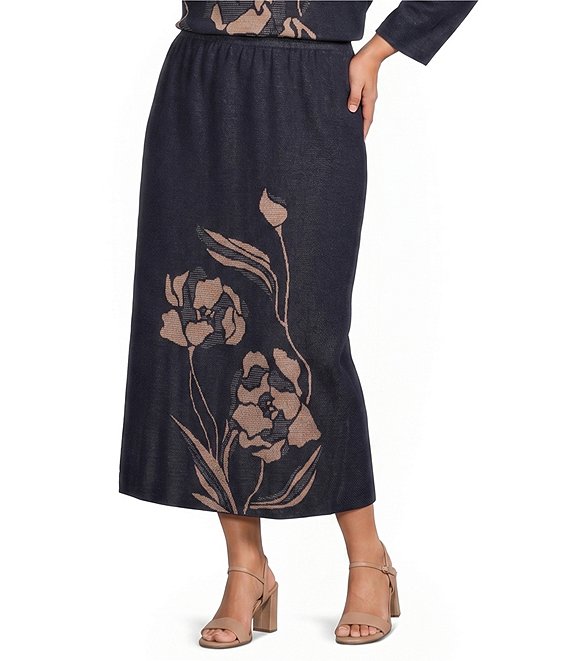 Ming Wang Plus Size Jacquard Floral Soft Knit Pull-On Midi Coordinating Skirt
