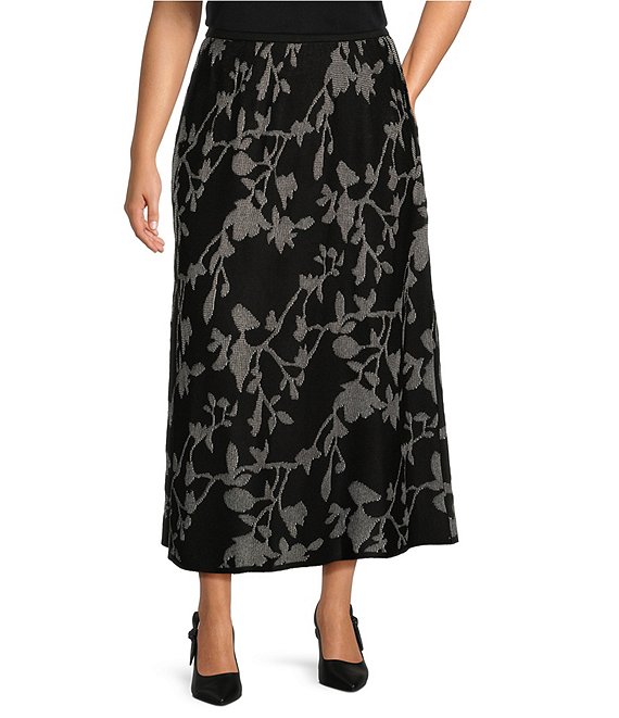 Ming Wang Plus Size Jacquard Knit Floral Print Pull-On A-Line Maxi ...