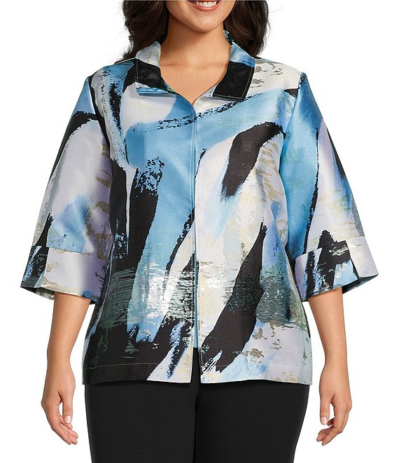 Ming Wang Plus Size Novelty Woven Abstract Brushstroke Print Collared 3/4 Sleeve Jacket