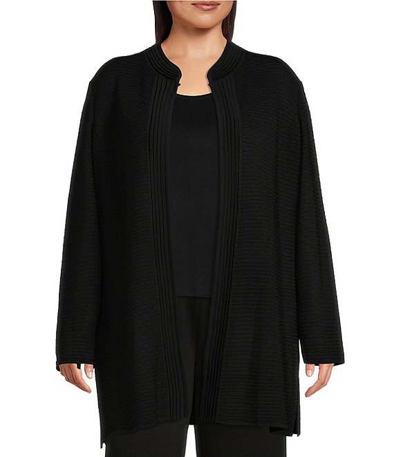 Color:Black - Image 1 - Plus Size Ottoman Trim Textured Knit Mandarin Collar Long Sleeve Side Slit Jacket