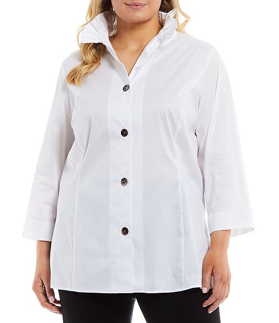 Color:White/Black - Image 1 - Plus Size Poplin Ruffle Mock Neck 3/4 Sleeve Button Front Tunic