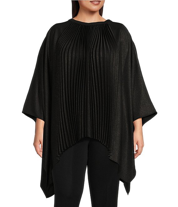 Color:Black/Silver - Image 1 - Plus Size Shimmering Pleated Crew Neck 3/4 Sleeve Poncho Top