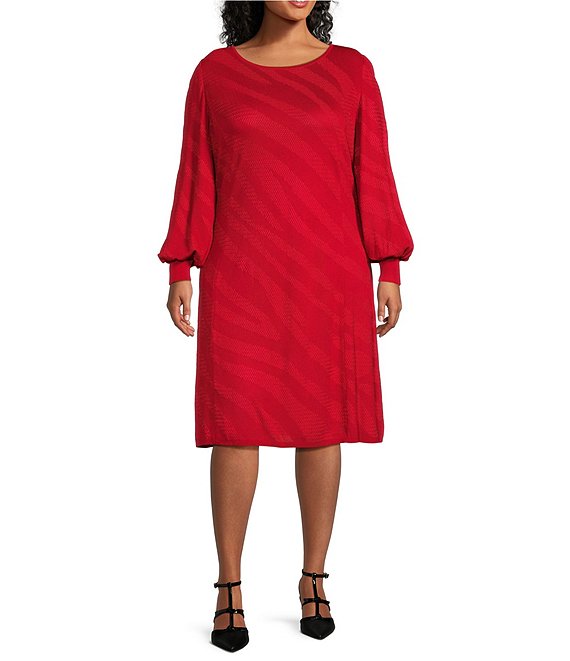 Ming Wang Plus Size Soft Knit Boat Neck Long Sleeve A-Line Dress ...