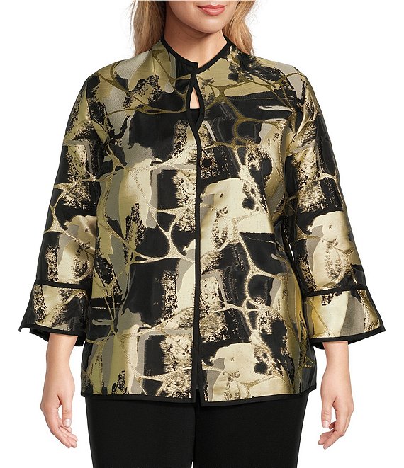 Ming Wang Plus Size Woven Abstract Metallic Embellished Mandarin Neck 3/4 Bell Sleeve One-Button Front Jacket