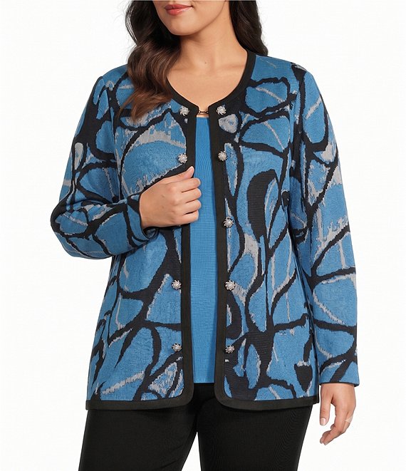 Ming Wang Plus Size Wrinkle-Resistant Jacquard Knit Abstract Long Sleeve Jacket