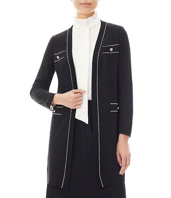 Color:Black/Ivory - Image 1 - Pointelle Knit Contrast Trim V-Neck Long Sleeve Button Trim Detail Side Slit Jacket