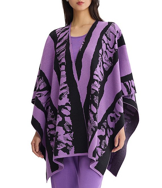 Ming Wang Printed Cozy Knit Open-Front Poncho Wrap