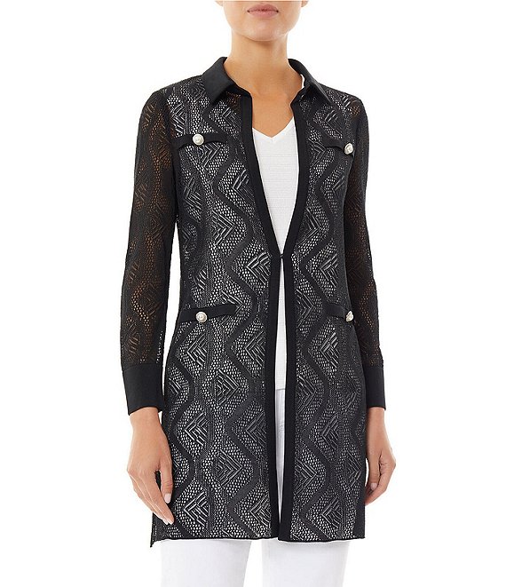 Color:Black - Image 1 - Sheer Lace Framed Knit Point Collar Long Sleeve Jacket