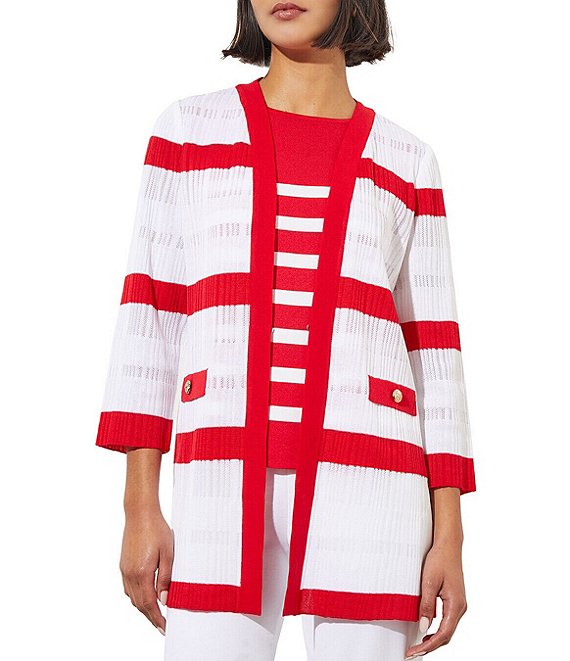 Ming Wang Sheer Ribbed Knit Striped 3/4 Sleeve Side Slits Cardigan