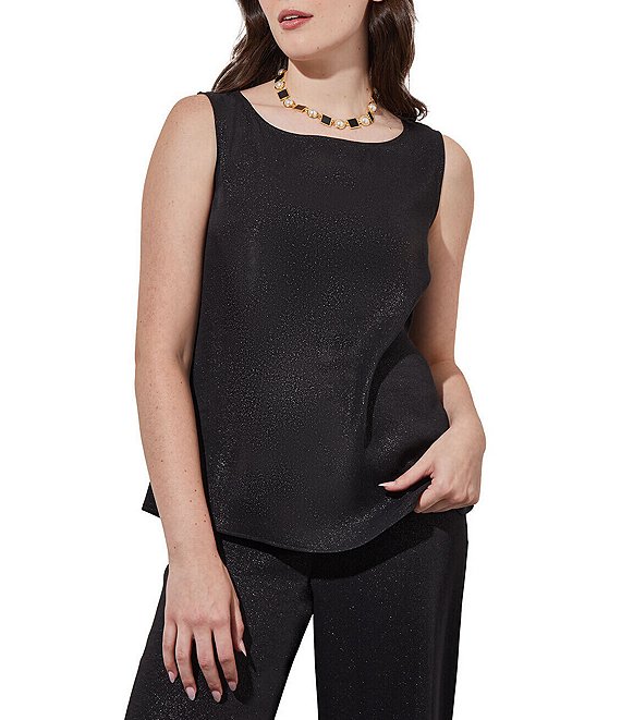 Color:Black/Silver - Image 1 - Shimmer Woven Boat Neck Sleeveless Tank Top