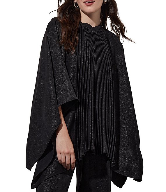Color:Black/Silver - Image 1 - Shimmering Pleated Jewel Neck 3/4 Sleeve Poncho Top
