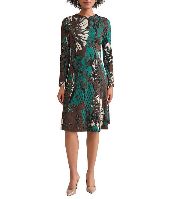 Ming Wang Soft Floral Jacquard Crew Neck Long Sleeve A-Line Midi Dress, Everest Multi - Image 1