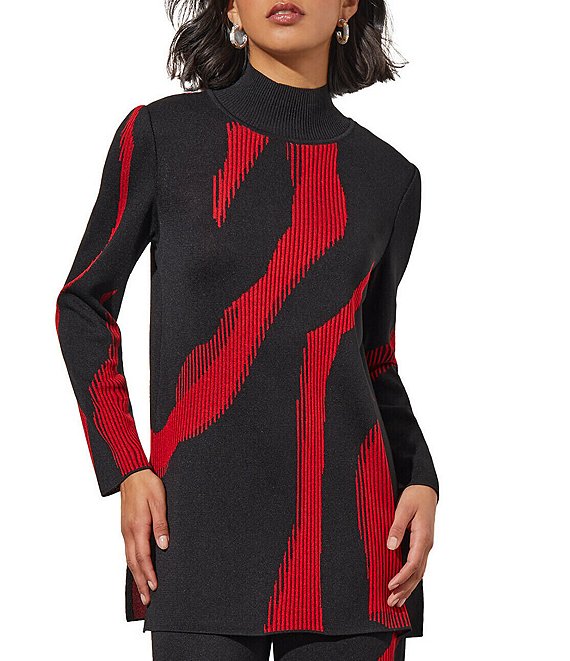Ming Wang Soft Knit Abstract Print Mock Neck Long Sleeve Side Slit Coordinating Tunic