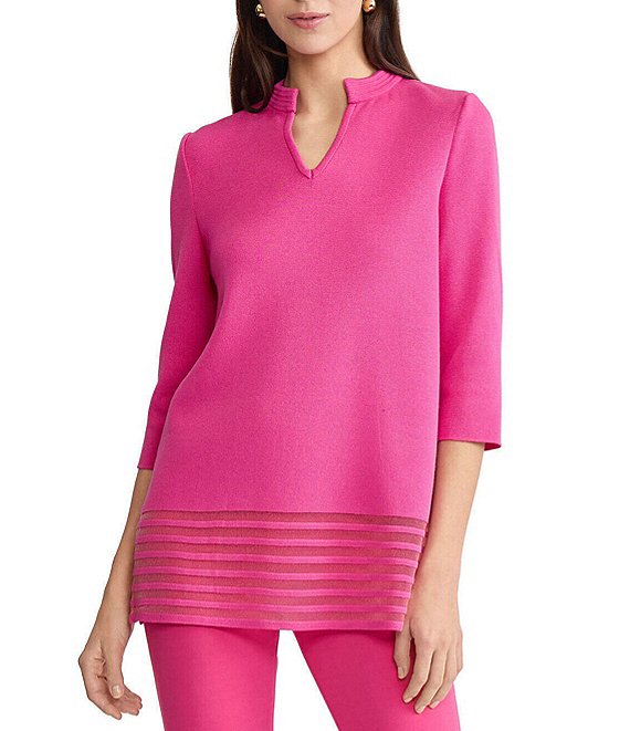 Ming Wang Soft Knit Relaxed Burnout Split Neck 3/4 Sleeve Tunic